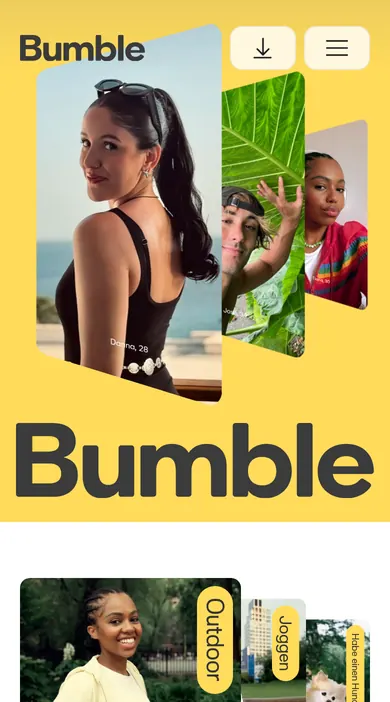 Bumble Erfahrungen: mobile Startseite von bumble.com auf dem Handy