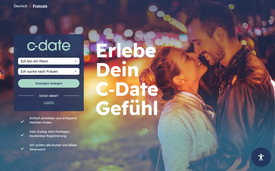 C-Date Erfahrungen: Startseite von c-date.ch mit Anmeldefeld und dem Versprechen, alle Nutzer und Bilder zu prüfen