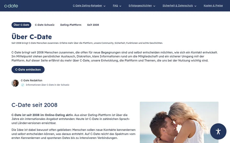 C-Date Erfahrungen: Seite «Über C-Date» auf c-date.ch, seit 2008