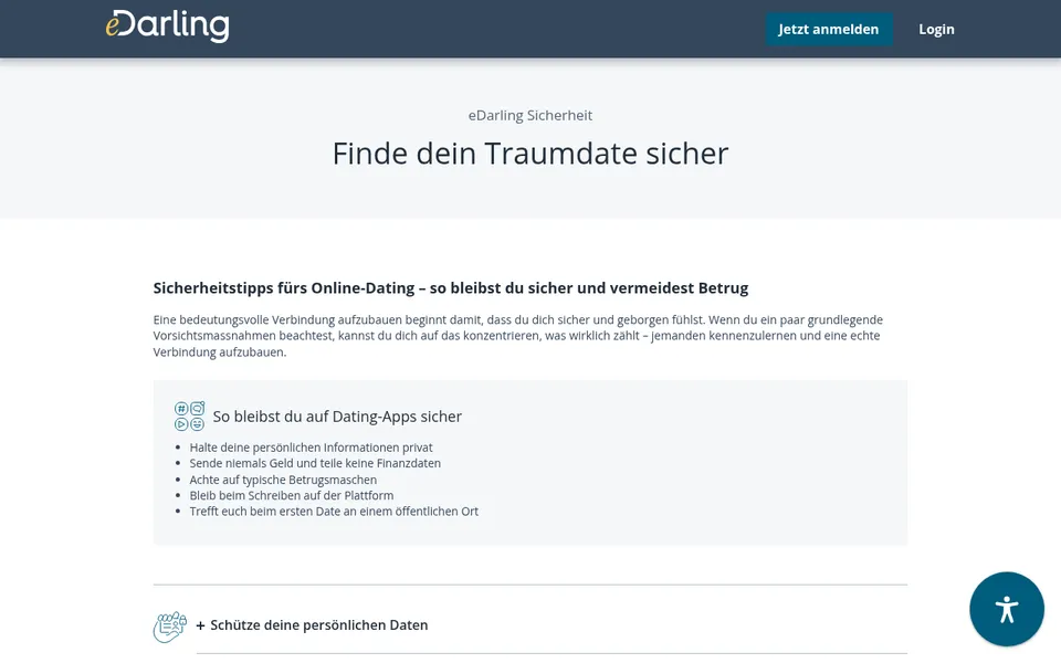 eDarling Erfahrungen: Sicherheitsseite «Finde dein Traumdate sicher» auf edarling.ch