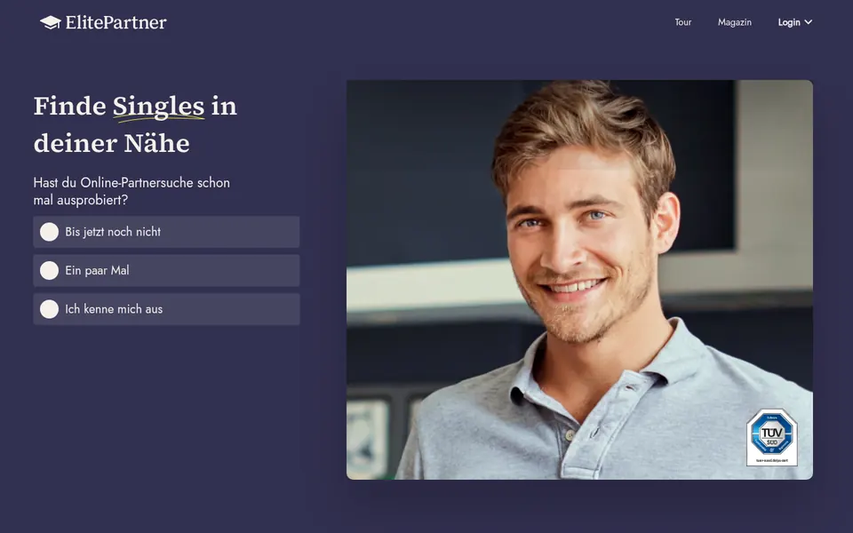 ElitePartner Erfahrungen: Startseite von elitepartner.ch mit dem Einstieg in die Partnersuche