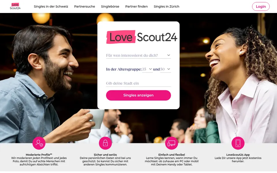 LoveScout24 Erfahrungen: Startseite von lovescout24.ch mit der Suche nach Singles