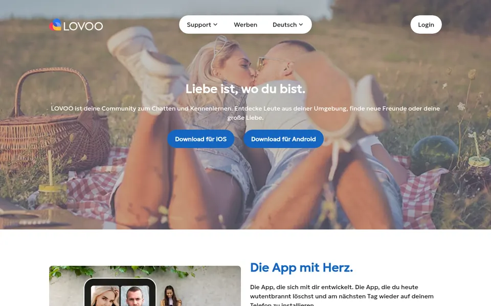 LOVOO Erfahrungen: deutsche Startseite von lovoo.com, «Liebe ist, wo du bist»