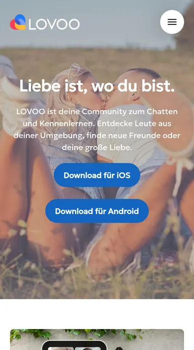 LOVOO Erfahrungen: mobile Startseite mit Download für iOS und Android auf dem Handy