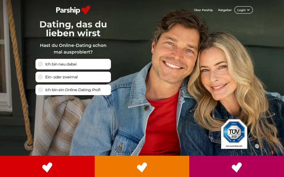 Parship Erfahrungen: Startseite von parship.ch mit der Frage nach der Erfahrung im Online-Dating