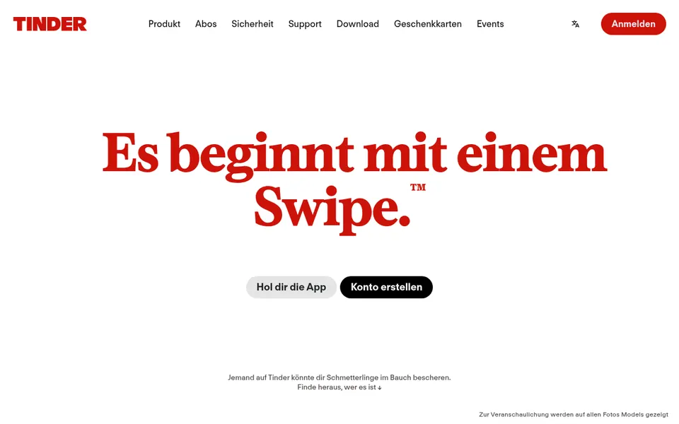 Tinder Erfahrungen: Startseite von tinder.com auf Deutsch, «Es beginnt mit einem Swipe»