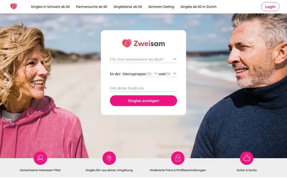 Zweisam Erfahrungen: Startseite von zweisam.ch für die Partnersuche ab 50